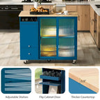 Grey+Blue / Navy Blue / White Drop Leaf Kitchen Island Cart for 2, LED Light, Fluted Glass Doors, Wheels