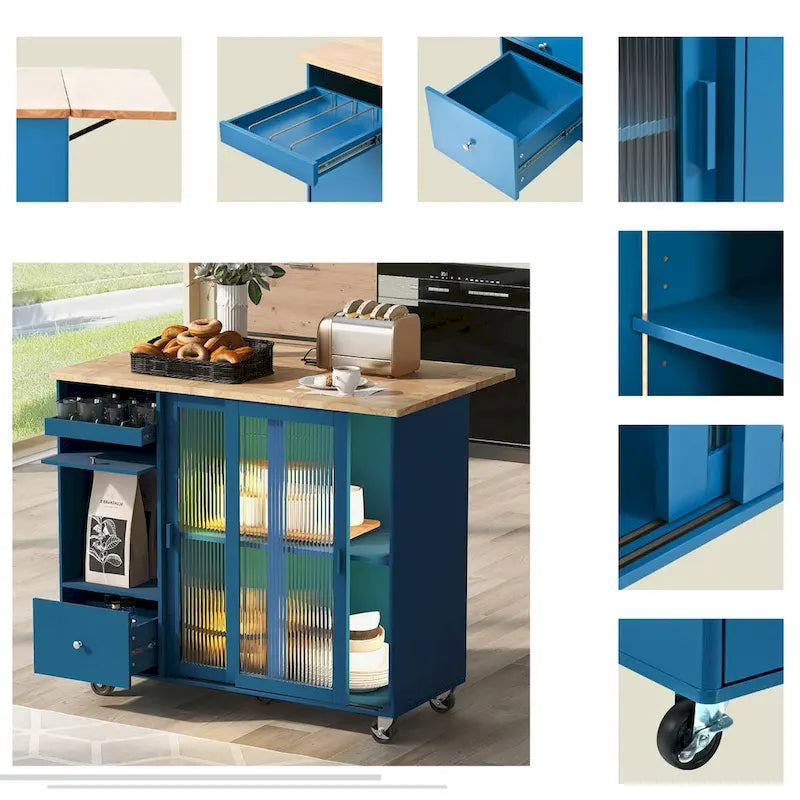 Grey+Blue / Navy Blue / White Drop Leaf Kitchen Island Cart for 2, LED Light, Fluted Glass Doors, Wheels