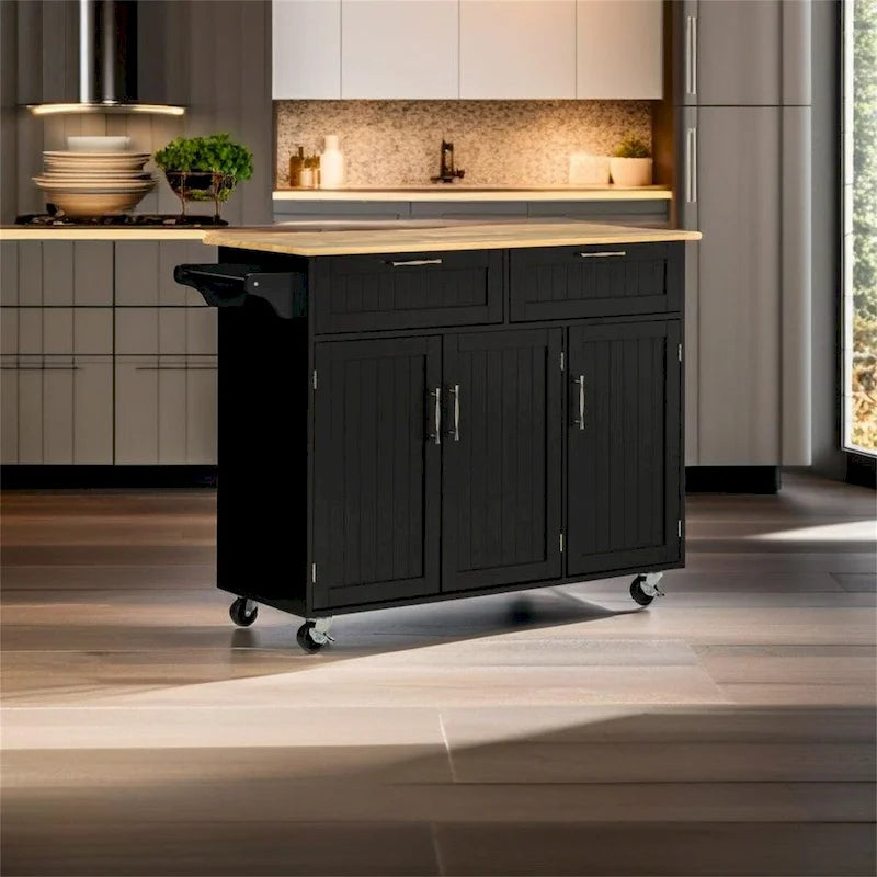 Black Mobile Kitchen Island Cart with Storage, Drawers & Wheels
