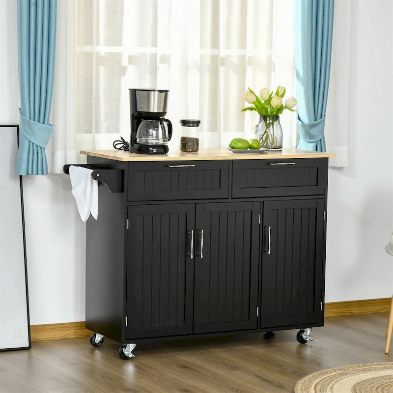 Black Mobile Kitchen Island Cart with Storage, Drawers & Wheels