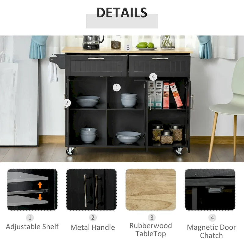 Black Mobile Kitchen Island Cart with Storage, Drawers & Wheels