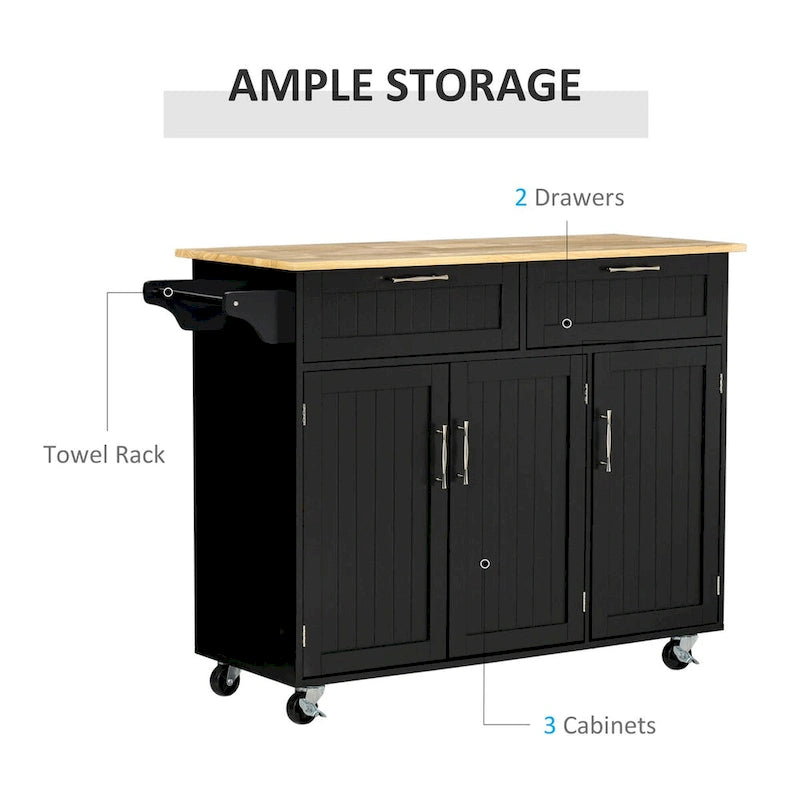 Black Mobile Kitchen Island Cart with Storage, Drawers & Wheels