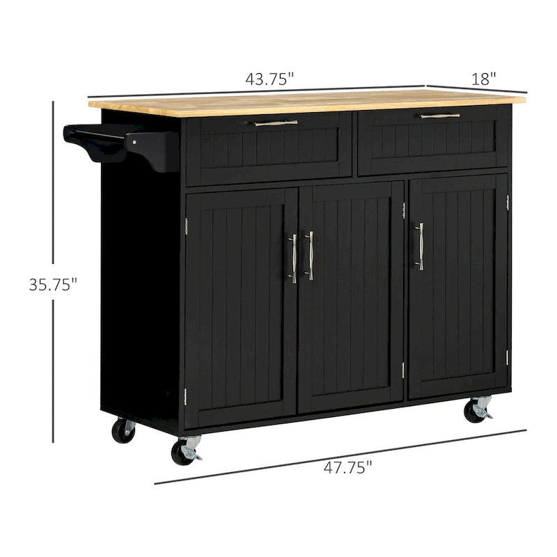 Black Mobile Kitchen Island Cart with Storage, Drawers & Wheels