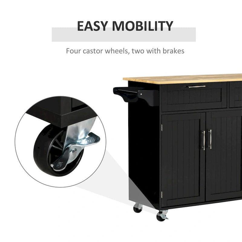 Black Mobile Kitchen Island Cart with Storage, Drawers & Wheels