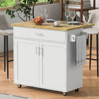 White/Grey Rolling Kitchen Island Cart with Drop Leaf Wood Top, Drawer & Storage Rack, 2-Door