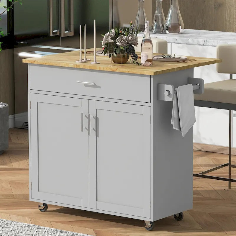 White/Grey Rolling Kitchen Island Cart with Drop Leaf Wood Top, Drawer & Storage Rack, 2-Door