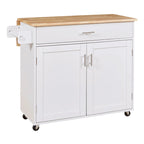 White/Grey Rolling Kitchen Island Cart with Drop Leaf Wood Top, Drawer & Storage Rack, 2-Door