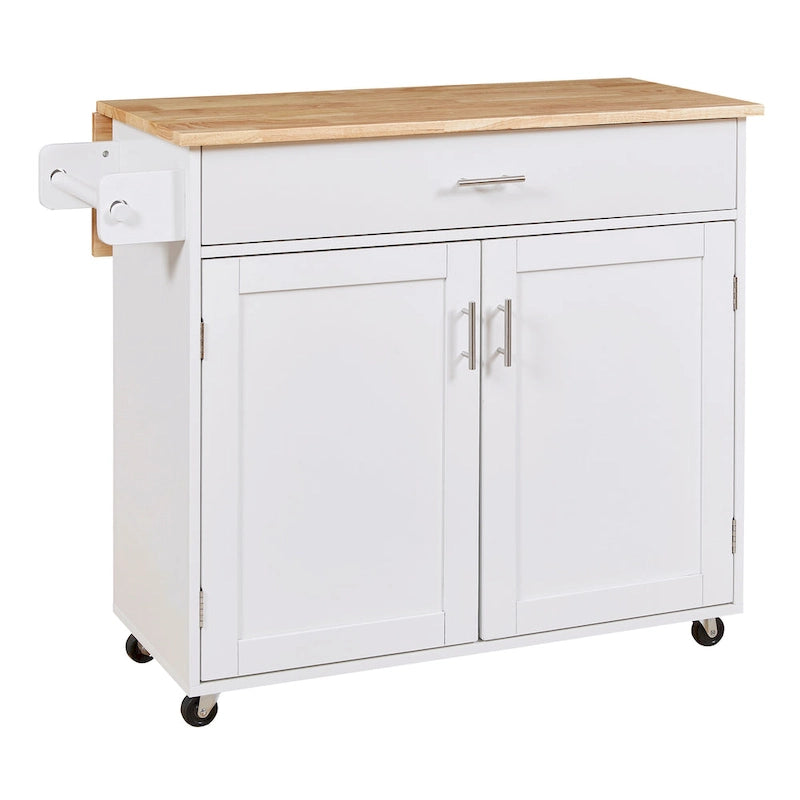 White/Grey Rolling Kitchen Island Cart with Drop Leaf Wood Top, Drawer & Storage Rack, 2-Door