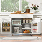 White/Grey Rolling Kitchen Island Cart with Drop Leaf Wood Top, Drawer & Storage Rack, 2-Door