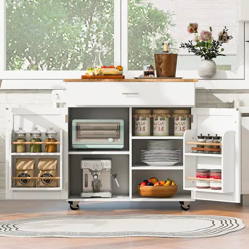 White/Grey Rolling Kitchen Island Cart with Drop Leaf Wood Top, Drawer & Storage Rack, 2-Door
