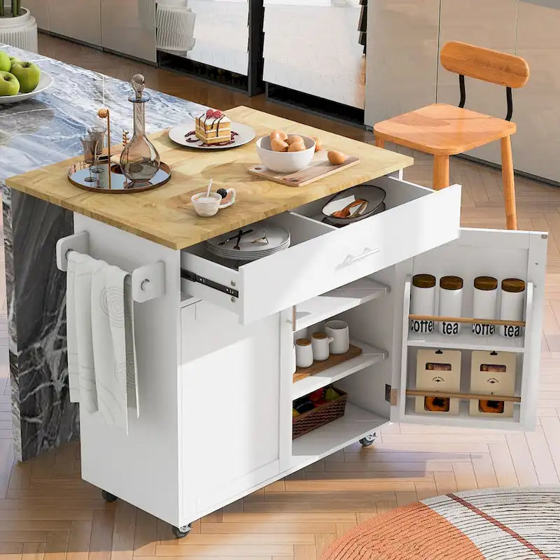 White/Grey Rolling Kitchen Island Cart with Drop Leaf Wood Top, Drawer & Storage Rack, 2-Door