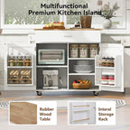 White/Grey Rolling Kitchen Island Cart with Drop Leaf Wood Top, Drawer & Storage Rack, 2-Door