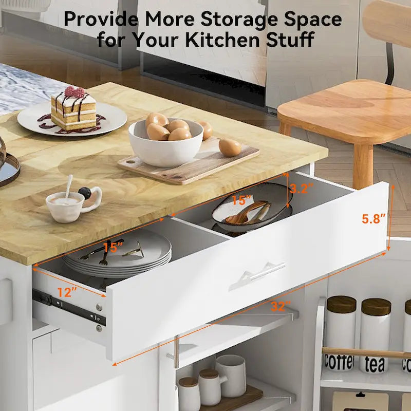 White/Grey Rolling Kitchen Island Cart with Drop Leaf Wood Top, Drawer & Storage Rack, 2-Door