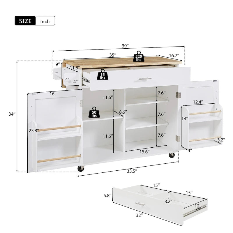White/Grey Rolling Kitchen Island Cart with Drop Leaf Wood Top, Drawer & Storage Rack, 2-Door