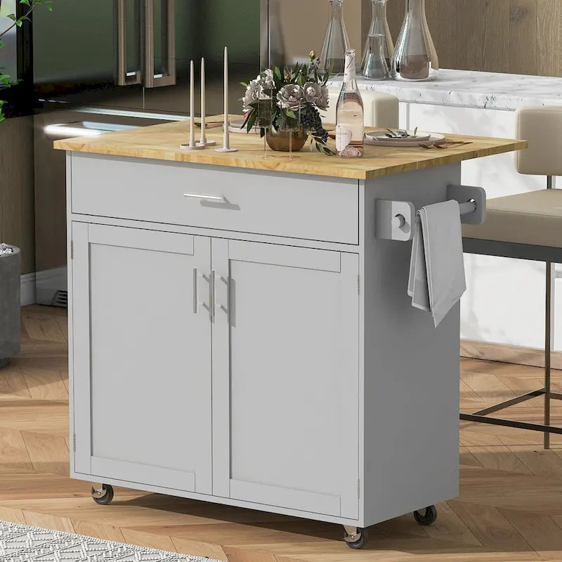 White/Grey Rolling Kitchen Island Cart with Drop Leaf Wood Top, Drawer & Storage Rack, 2-Door