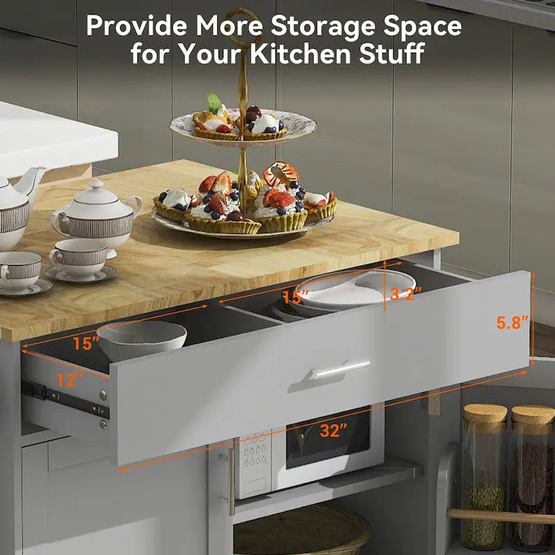 White/Grey Rolling Kitchen Island Cart with Drop Leaf Wood Top, Drawer & Storage Rack, 2-Door