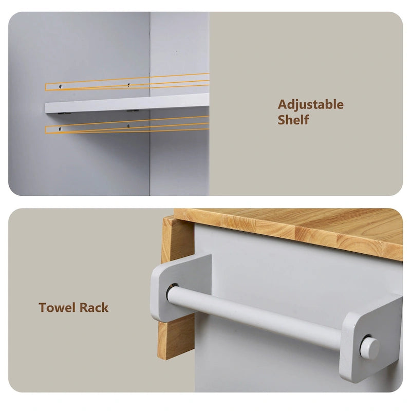 White/Grey Rolling Kitchen Island Cart with Drop Leaf Wood Top, Drawer & Storage Rack, 2-Door