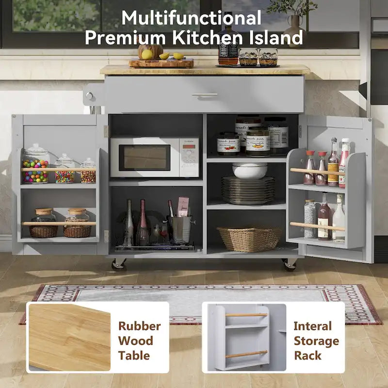 White/Grey Rolling Kitchen Island Cart with Drop Leaf Wood Top, Drawer & Storage Rack, 2-Door