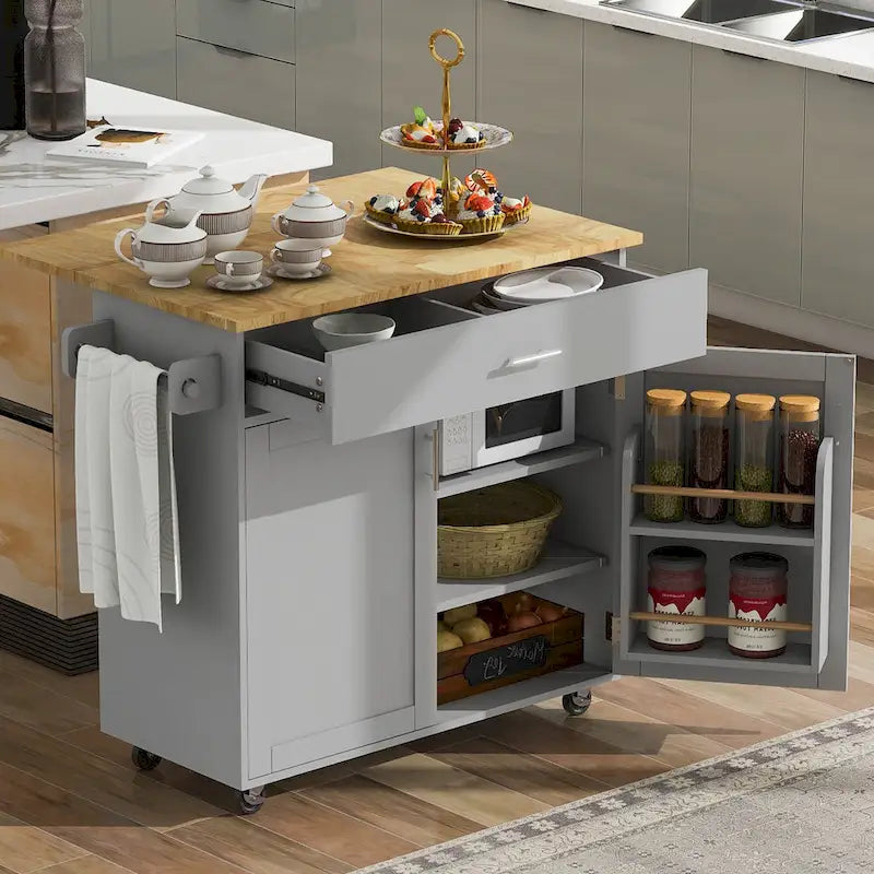 White/Grey Rolling Kitchen Island Cart with Drop Leaf Wood Top, Drawer & Storage Rack, 2-Door