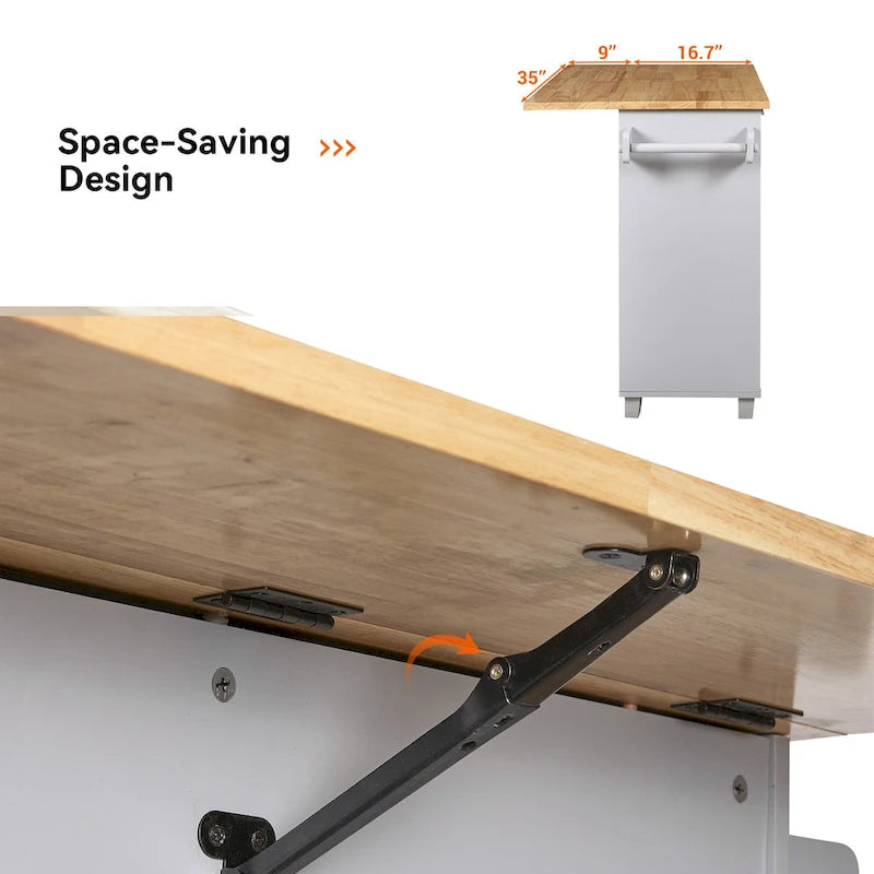 White/Grey Rolling Kitchen Island Cart with Drop Leaf Wood Top, Drawer & Storage Rack, 2-Door