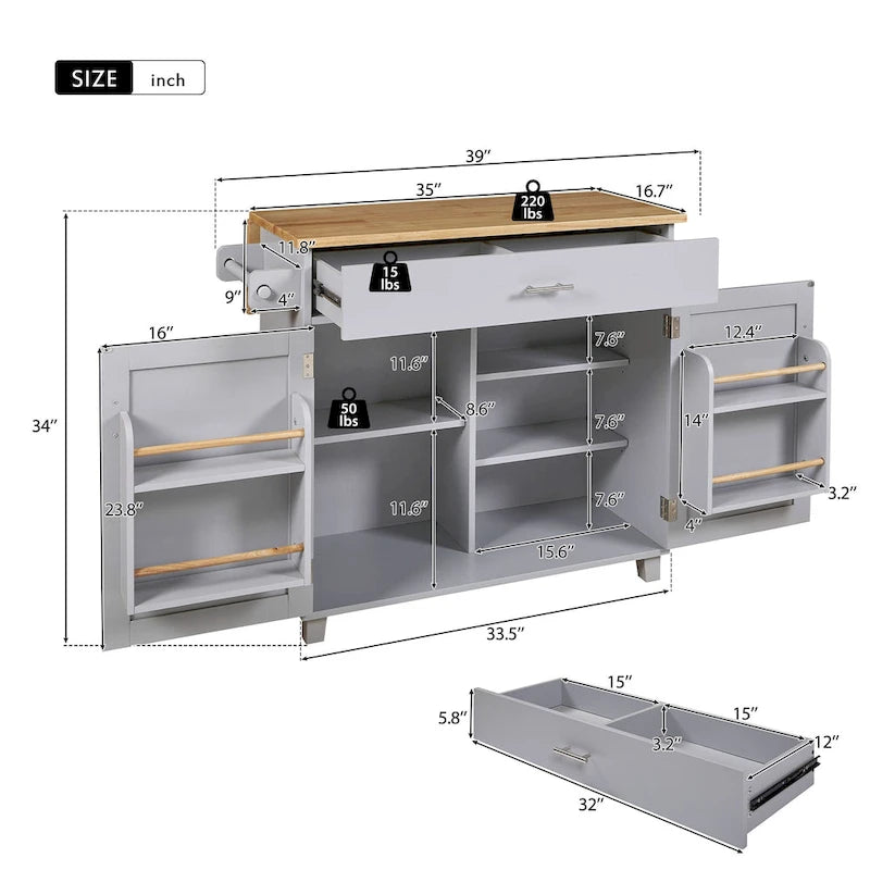 White/Grey Rolling Kitchen Island Cart with Drop Leaf Wood Top, Drawer & Storage Rack, 2-Door