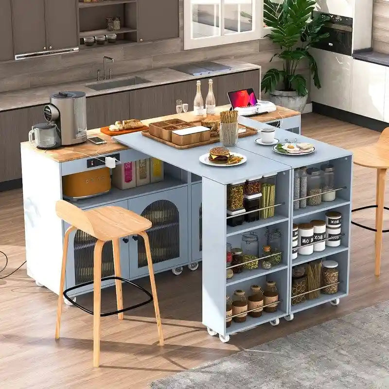 Blue / White / Grey Rolling Kitchen Island with Extended Table, LED Lights & Glass Doors – For 1 Person