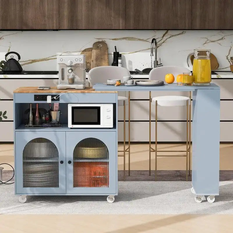 Blue / White / Grey Rolling Kitchen Island with Extended Table, LED Lights & Glass Doors – For 1 Person