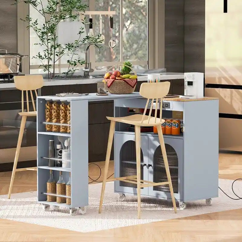 Blue / White / Grey Rolling Kitchen Island with Extended Table, LED Lights & Glass Doors – For 1 Person