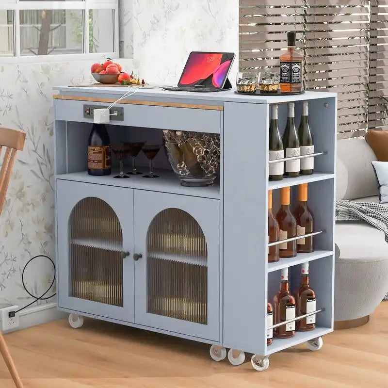 Blue / White / Grey Rolling Kitchen Island with Extended Table, LED Lights & Glass Doors – For 1 Person
