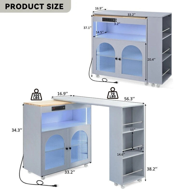 Blue / White / Grey Rolling Kitchen Island with Extended Table, LED Lights & Glass Doors – For 1 Person