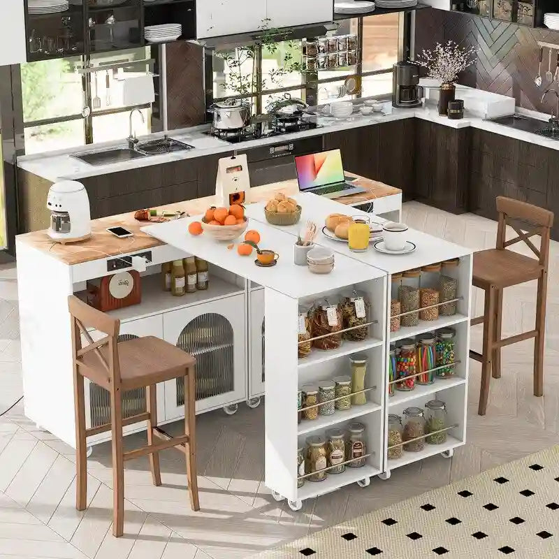 Blue / White / Grey Rolling Kitchen Island with Extended Table, LED Lights & Glass Doors – For 1 Person