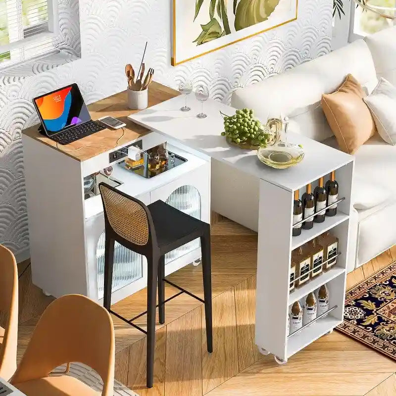 Blue / White / Grey Rolling Kitchen Island with Extended Table, LED Lights & Glass Doors – For 1 Person