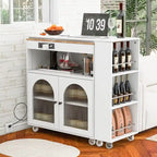 Blue / White / Grey Rolling Kitchen Island with Extended Table, LED Lights & Glass Doors – For 1 Person