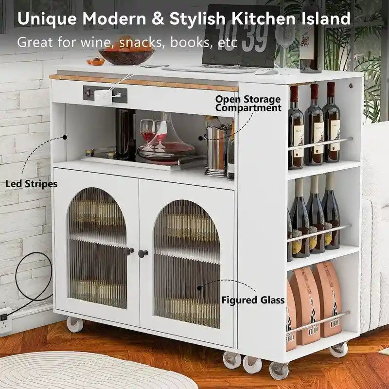 Blue / White / Grey Rolling Kitchen Island with Extended Table, LED Lights & Glass Doors – For 1 Person