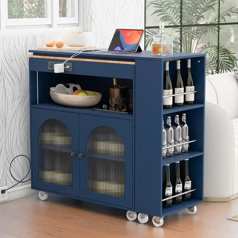Blue / White / Grey Rolling Kitchen Island with Extended Table, LED Lights & Glass Doors – For 1 Person