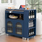 Blue / White / Grey Rolling Kitchen Island with Extended Table, LED Lights & Glass Doors – For 1 Person