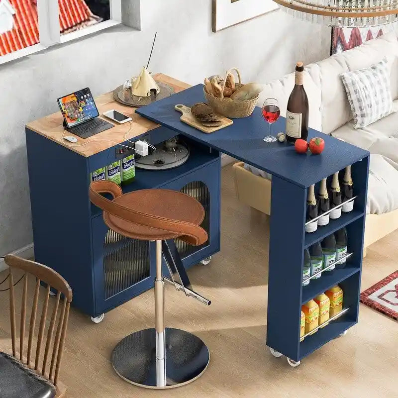 Blue / White / Grey Rolling Kitchen Island with Extended Table, LED Lights & Glass Doors – For 1 Person