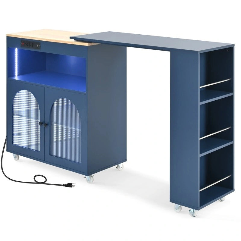Blue / White / Grey Rolling Kitchen Island with Extended Table, LED Lights & Glass Doors – For 1 Person