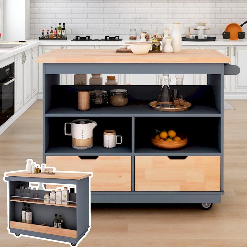Grey / White Rolling Kitchen Island with 2 Drawers & 3 Open Compartments