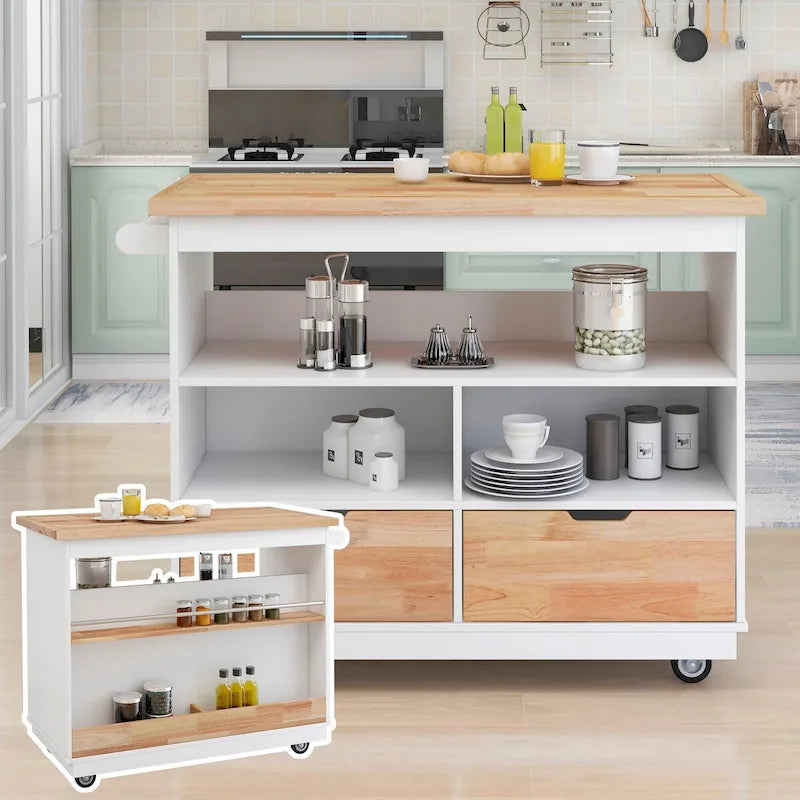 Grey / White Rolling Kitchen Island with 2 Drawers & 3 Open Compartments