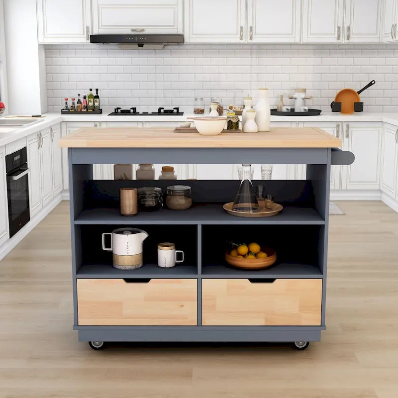 Grey / White Rolling Kitchen Island with 2 Drawers & 3 Open Compartments