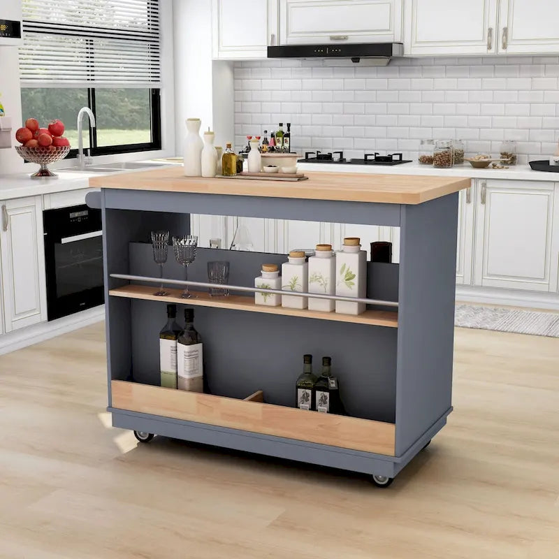 Grey / White Rolling Kitchen Island with 2 Drawers & 3 Open Compartments