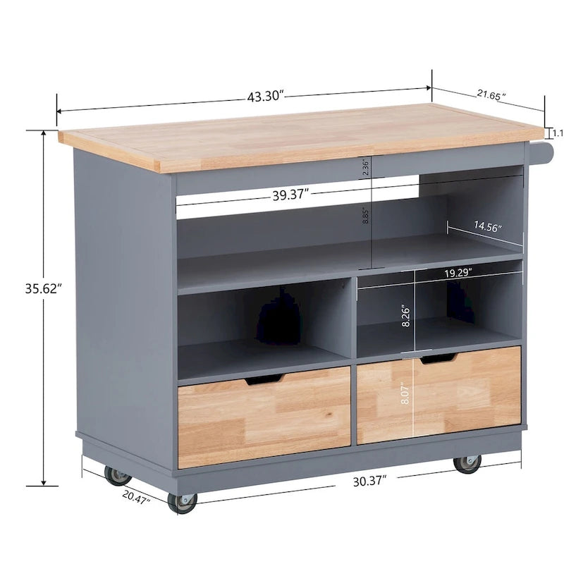 Grey / White Rolling Kitchen Island with 2 Drawers & 3 Open Compartments