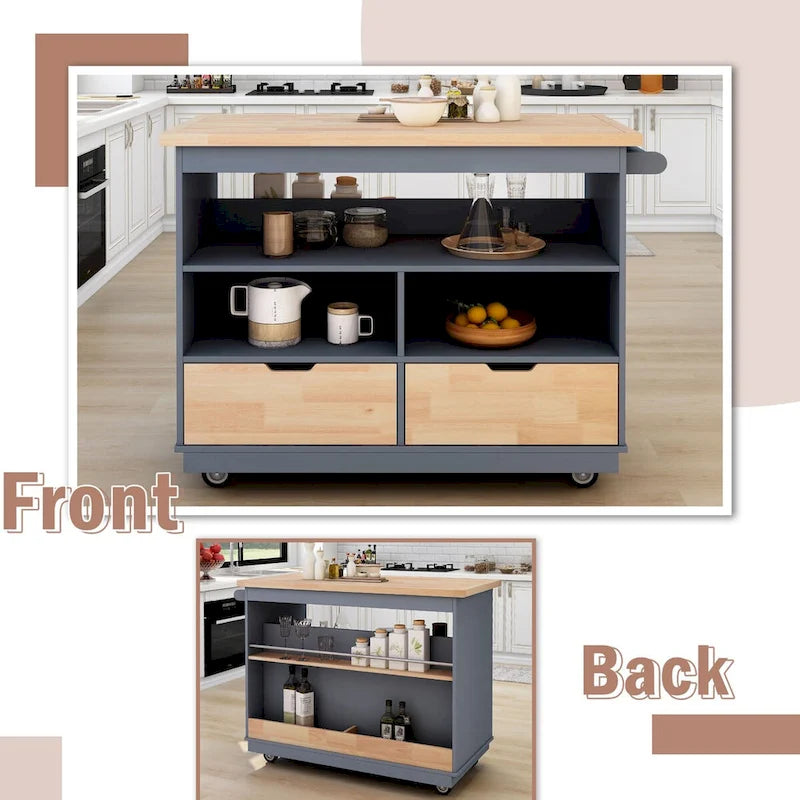 Grey / White Rolling Kitchen Island with 2 Drawers & 3 Open Compartments