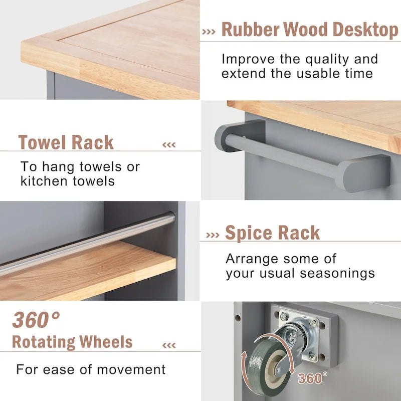 Grey / White Rolling Kitchen Island with 2 Drawers & 3 Open Compartments