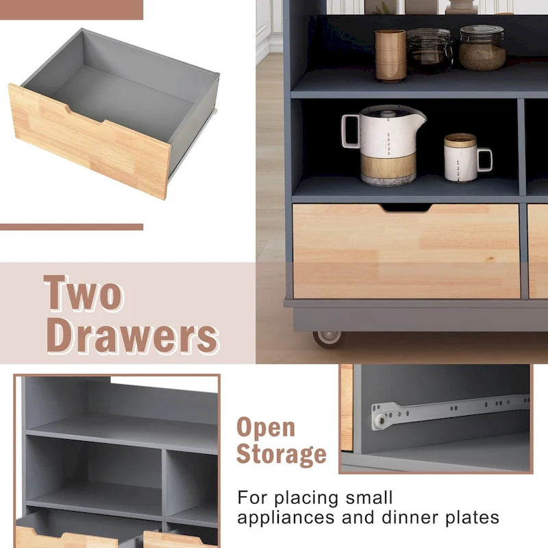 Grey / White Rolling Kitchen Island with 2 Drawers & 3 Open Compartments