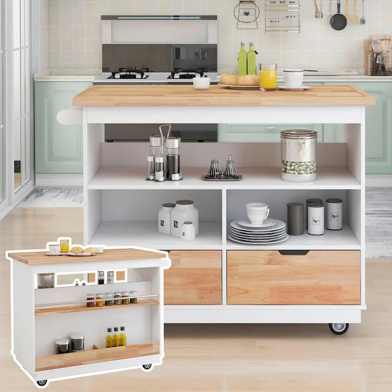 Grey / White Rolling Kitchen Island with 2 Drawers & 3 Open Compartments