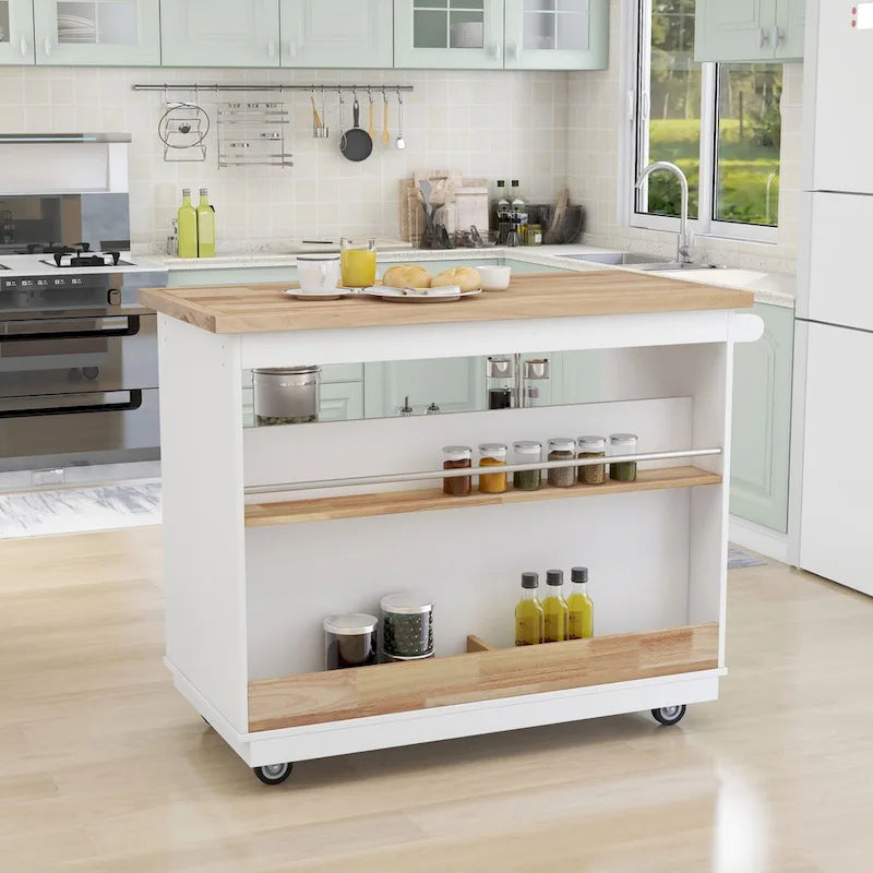 Grey / White Rolling Kitchen Island with 2 Drawers & 3 Open Compartments