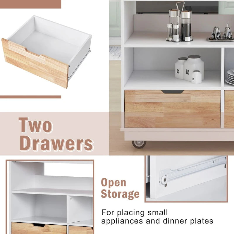 Grey / White Rolling Kitchen Island with 2 Drawers & 3 Open Compartments