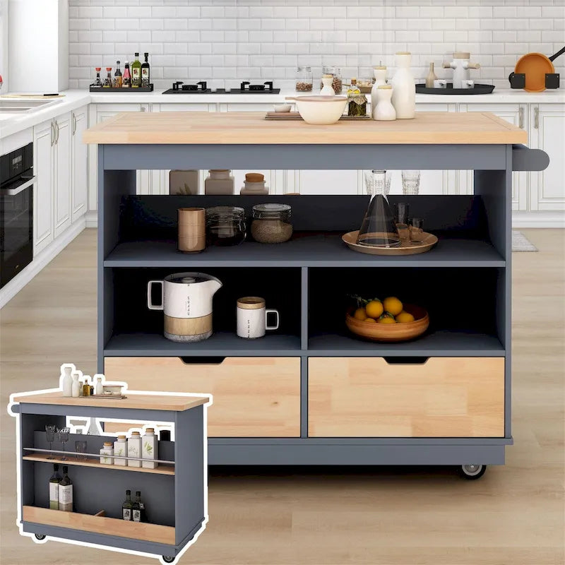 Grey Blue / White Two-Sided Kitchen Island Cart on Wheels, with Storage
